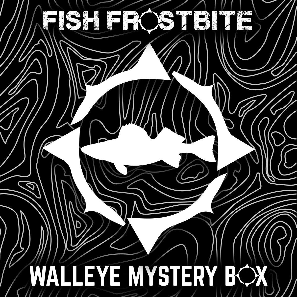 Fish Frostbite Walleye Mystery Box, monthly ice fishing tackle subscription with jigs, lures, and terminal tackle for walleye fishing