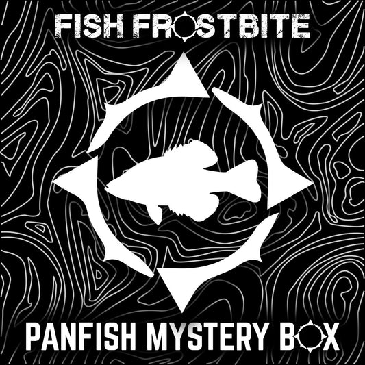 Fish Frostbite Panfish Mystery Box, monthly ice fishing tackle subscription with jigs, lures, and terminal tackle for panfish fishing